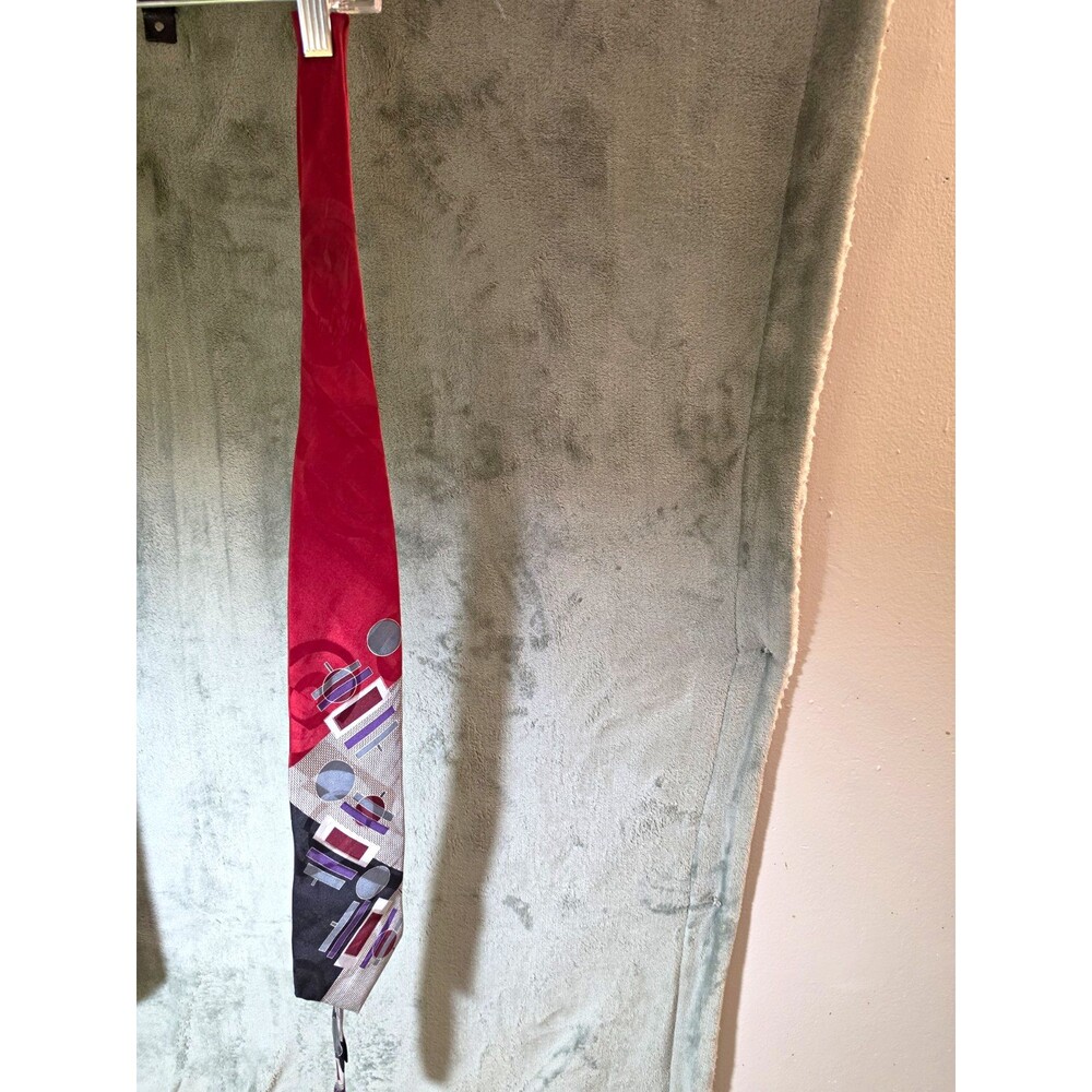 Vintage Screenplay by Martin Wong Abstract Geometric Necktie Red Black Gray